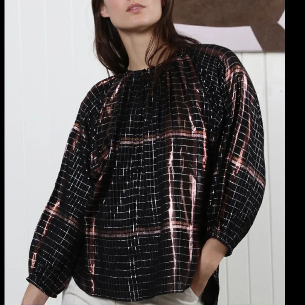 New APIECE APART ISLA BLOUSE - Metallic Plaid Black/ Copper Size 6